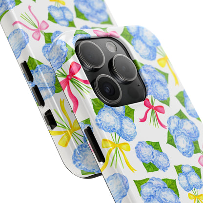 Blue Watercolor Hydrangea Bunches with Hot Pink, Yellow, Light Pink Bows Illustrated Patterned Tough Phone Case | Various Models