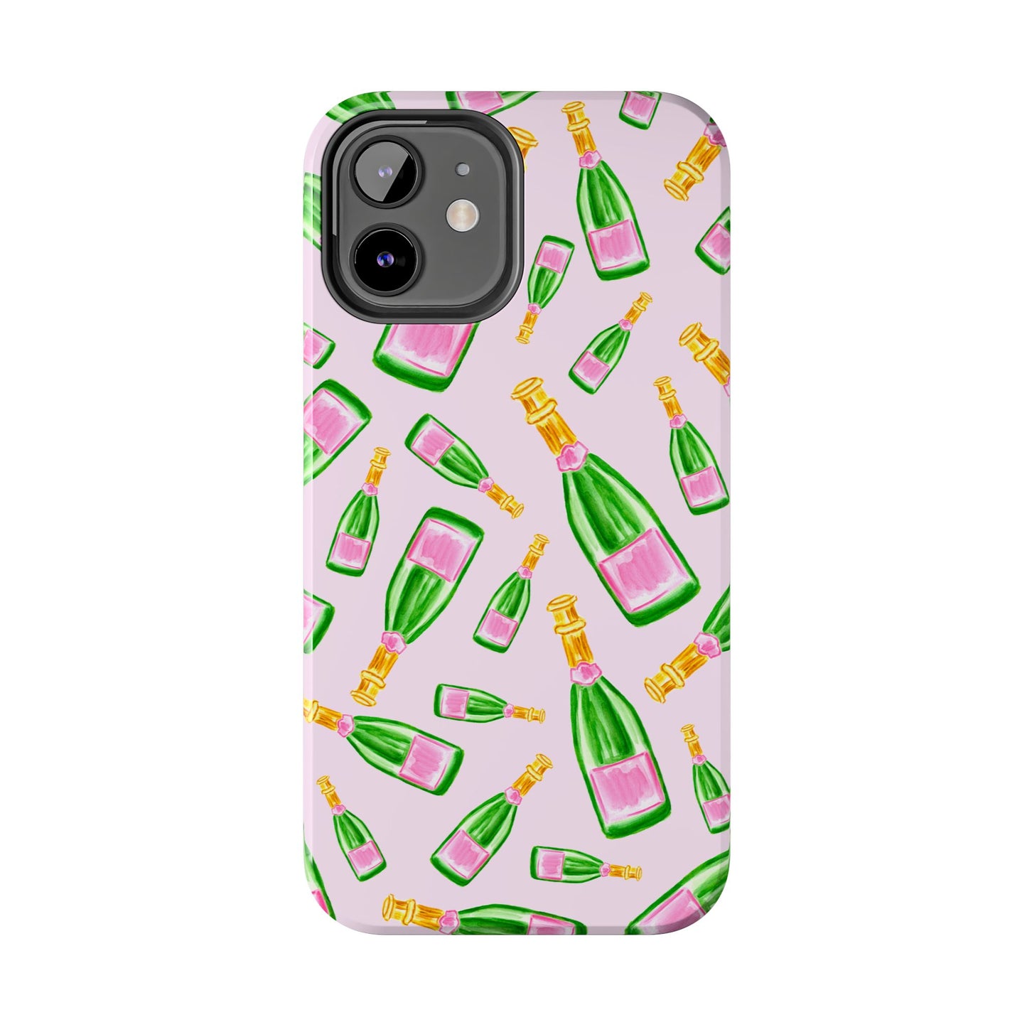 Tossed Pink and Green Watercolor Illustrated Champagne Bottles Pattern Blush Pink Tough Phone Case | Various Models
