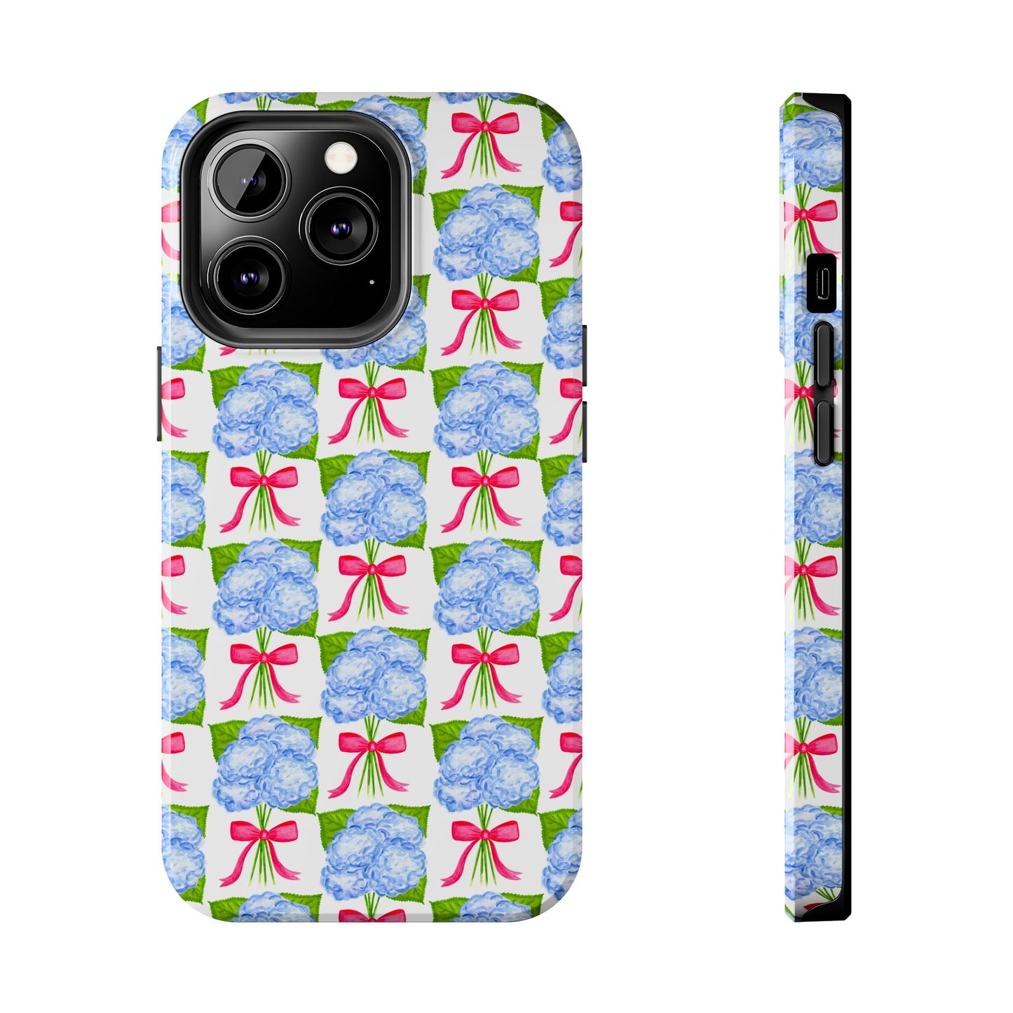 Blue Watercolor Hydrangea Bouquets with Hot Pink Bows Illustrated Patterned Tough Phone Case | Various Models
