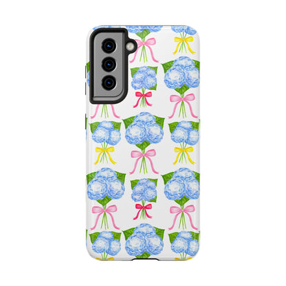 Blue Hydrangeas with Hot Pink, Yellow, Light Pink Bows Watercolor Illustrated Patterned Tough Phone Case | Various Models