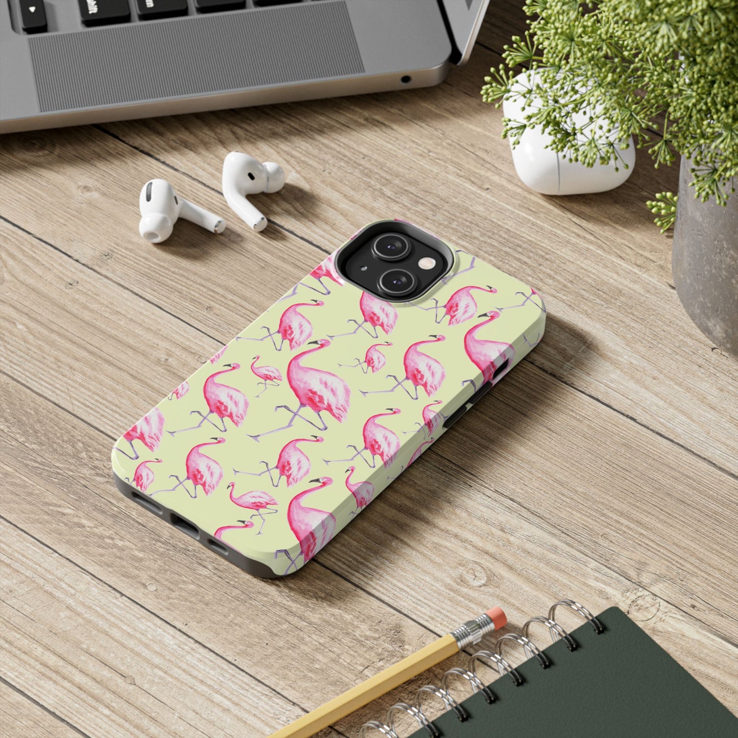 Pink Flamingos Watercolor Illustrated Tossed Pattern Yellow Phone Case | Various Models