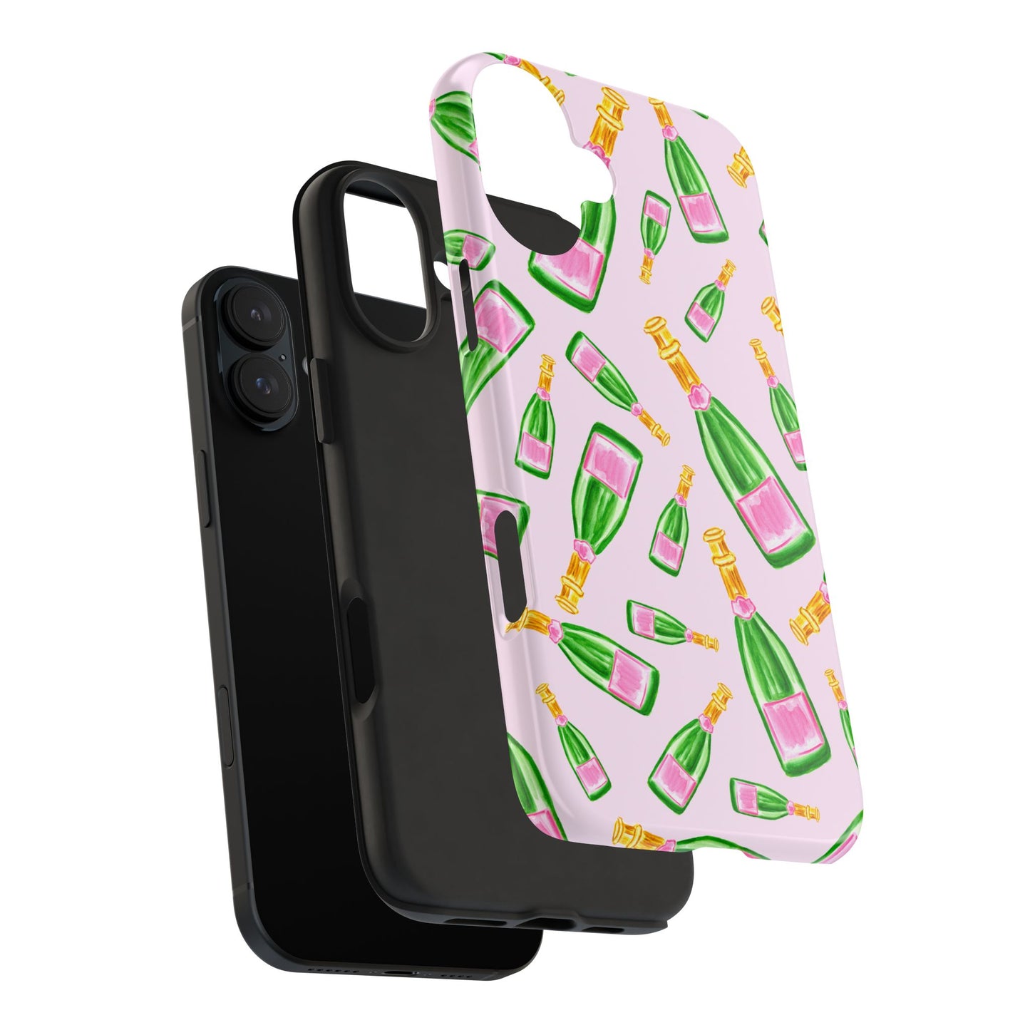 Tossed Pink and Green Watercolor Illustrated Champagne Bottles Pattern Blush Pink Tough Phone Case | Various Models