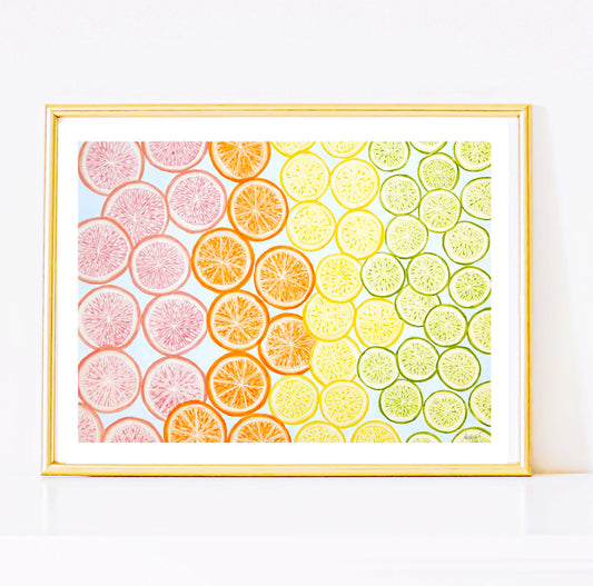 Print | Blue Citrus Watercolor & Gouache Painting | Lemons Limes Grapefruits Orange | Coastal Decor | Preppy Wall Art | Tropical Beach