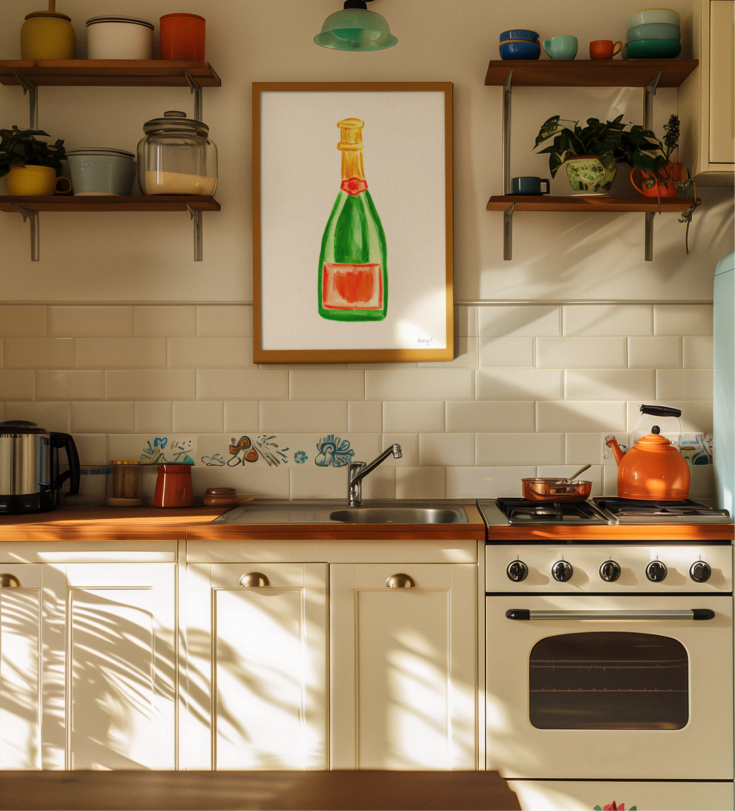 Print | Orange & Green Champagne Bottles Watercolor | Preppy Colorful Cheery Bright Coastal Cowgirl Dorm Room Poster Decor Cocktail Wall Art Cocktail Bar Cart