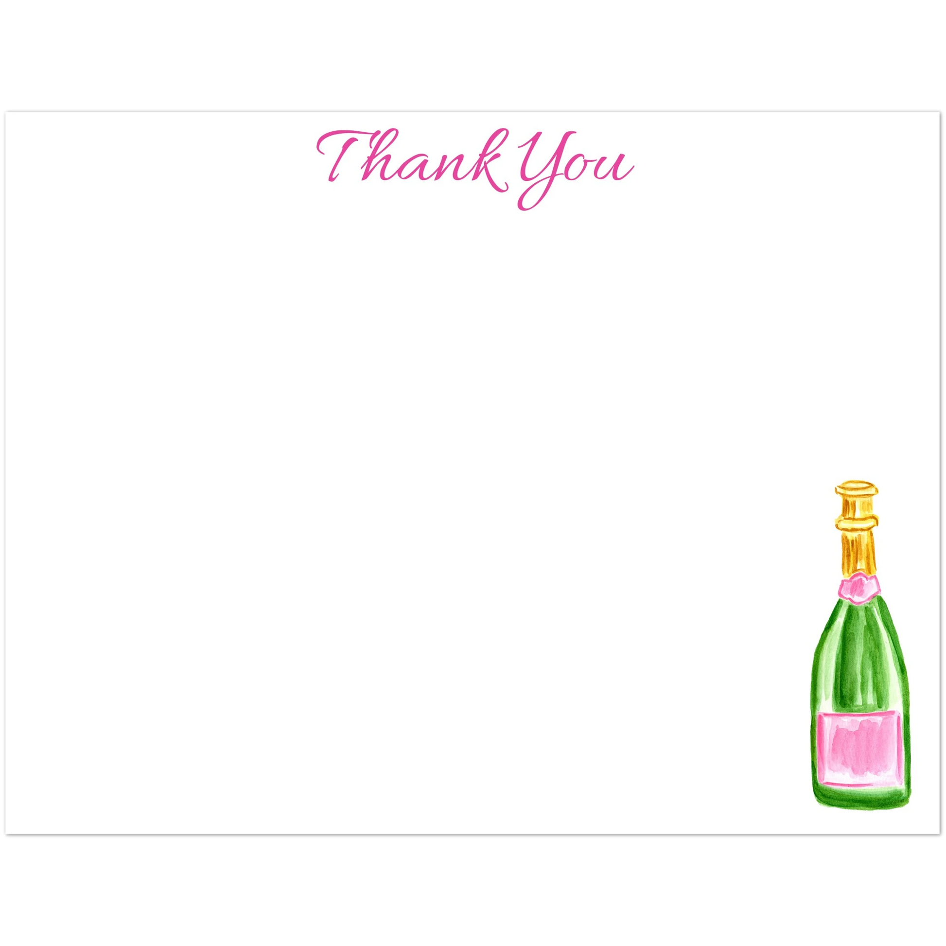 Thank You Card | Pink & Green Champagne Bottle Watercolor Illustration | Flat Notecards & Envelope Set of 10 | 2 Sizes 4.25x5.5″ (SM) Playful Script