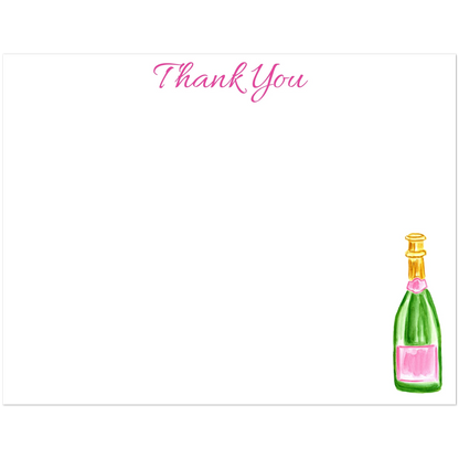 Thank You Card | Pink & Green Champagne Bottle Watercolor Illustration | Flat Notecards & Envelope Set of 10 | 2 Sizes 4.25x5.5″ (SM) Playful Script