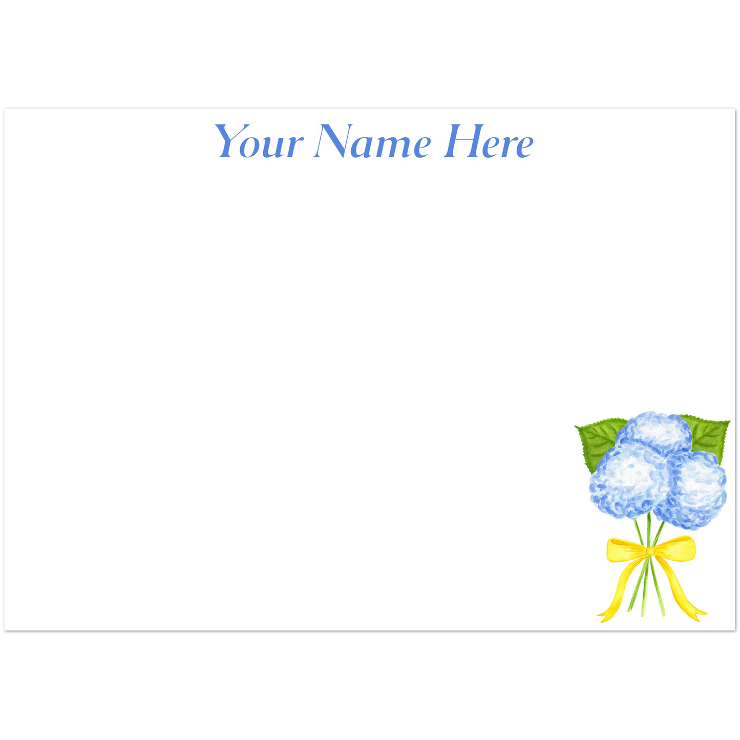 Personalized | Blue Hydrangeas with a Yellow Bow Watercolor Illustration | Set of 10 Cards & Envelopes | 2 Sizes 5R (5 x 7″)