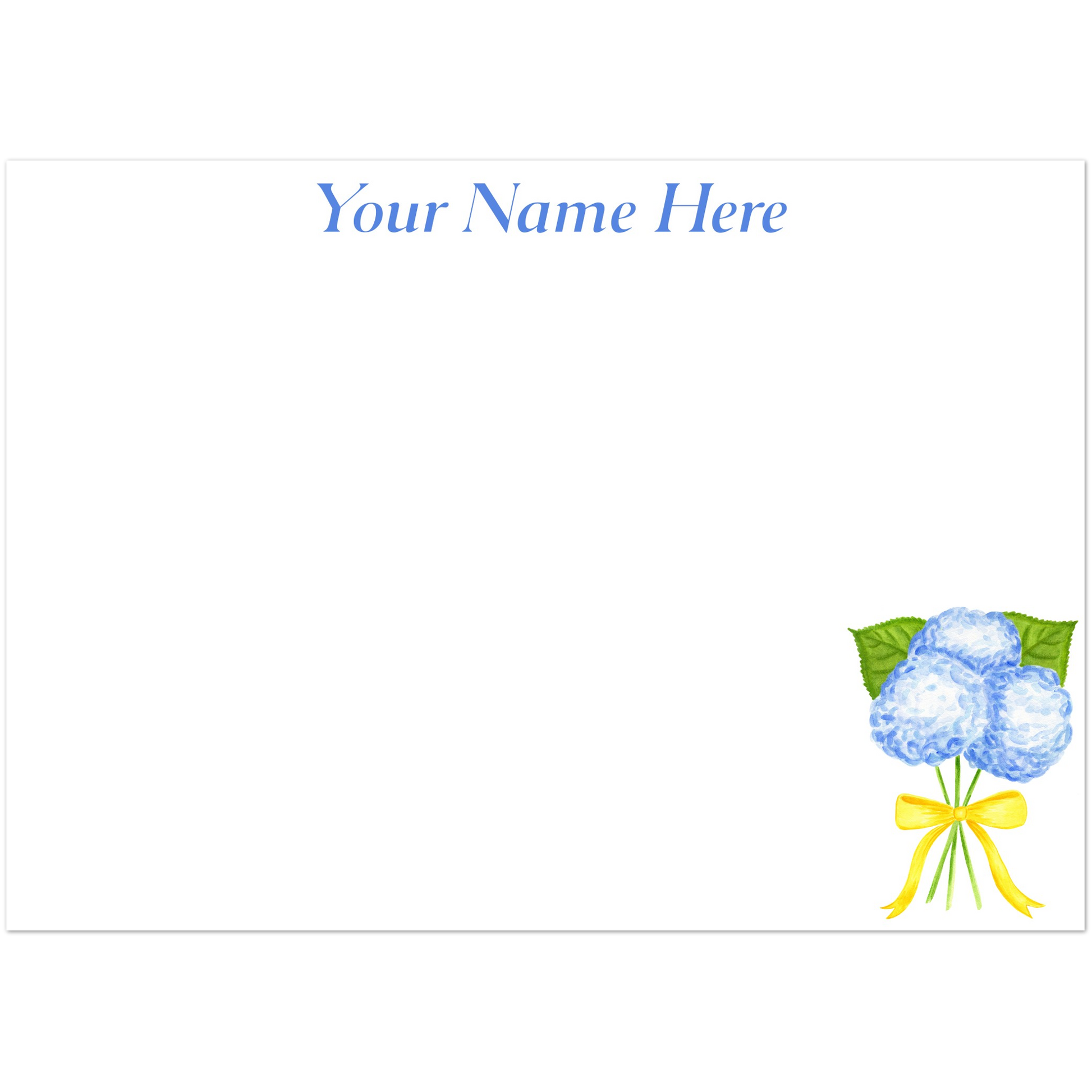 Personalized | Blue Hydrangeas with a Yellow Bow Watercolor Illustration | Set of 10 Cards & Envelopes | 2 Sizes 5R (5 x 7″)