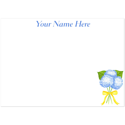 Personalized | Blue Hydrangeas with a Yellow Bow Watercolor Illustration | Set of 10 Cards & Envelopes | 2 Sizes 5R (5 x 7″)