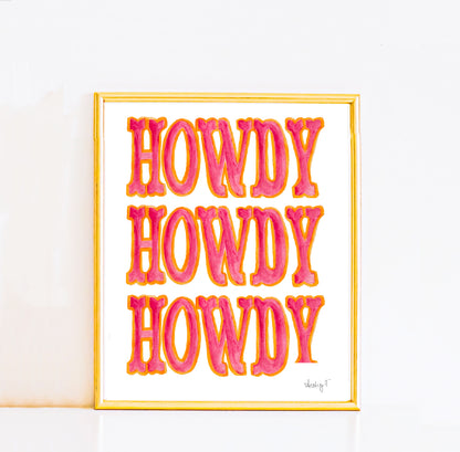 Print | Triple Hot Pink Howdy | Western Watercolor Painting | Southern Decor | Rustic Decor | Cowgirl Art |  Cowboys | Various Sizes
