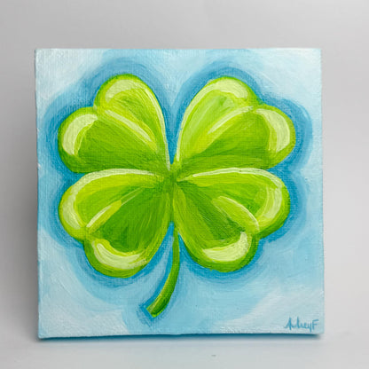 "A Little Bit of Luck — Sky" | 4x4 | Original Four Leaf Clover Abstract Acrylic Painting on Canvas