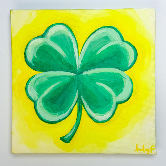 "A Little Bit of Luck — Sunshine" | 4x4 | Original Four Leaf Clover Abstract Acrylic Painting on Canvas