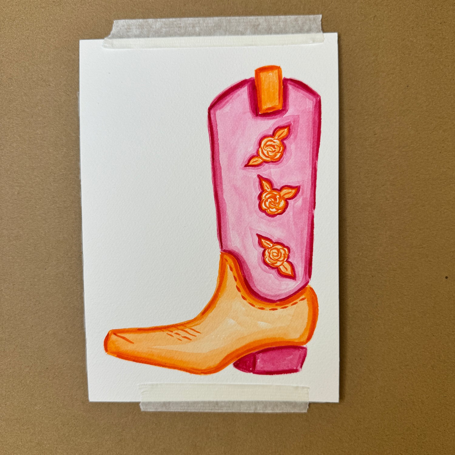 5” x 7” Original Hot Pink and Orange Rose Cowboy Boot
