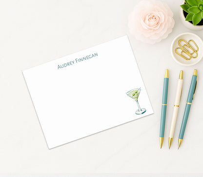 Stationery | Personalized Custom Watercolor Green & Blue Martini Flat Cards with Envelopes | Thank You Bridal Shower Bachelorette