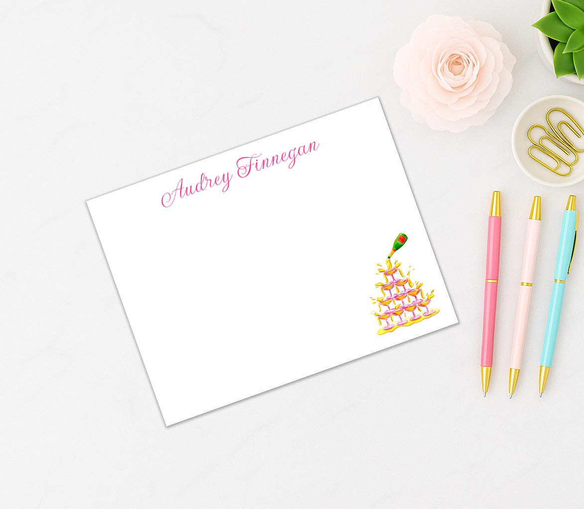 Stationery | Personalized Custom Pink Champagne Coupe Tower Watercolor Set | Flat Cards with Envelopes |Thank You Bridal Shower Bachelorette