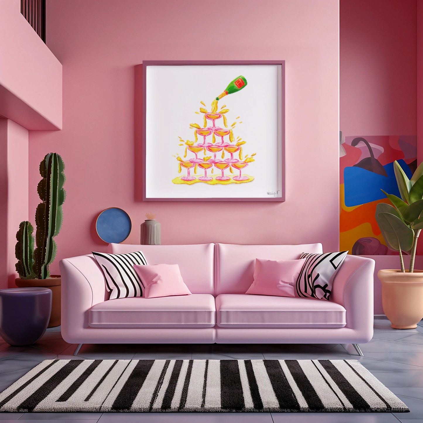 Print | Pink Champagne Coupe Glasses Tower Watercolor | Bar Cart Wall Art Decor Poster