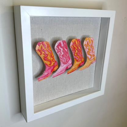 9” x 9” Glitter Embellished Hot Pink & Orange Cowboy Boots 3D Push Pin Shadow Box