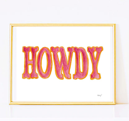 Print | Hot Pink Howdy | Western Watercolor Painting | Rustic Decor | Cowgirl Art | Various Sizes | Pink Orange Dorm| Preppy Coastal Cowgirl