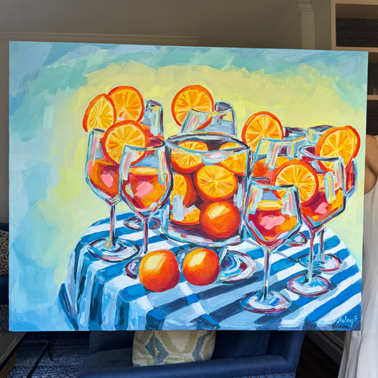 24”x30” “Spritz Season” Original Acrylic Painting – Bold Summer Cocktail Wall Art, Orange & Blue Bar Cart Decor, Aperol Spritz Kitchen Art