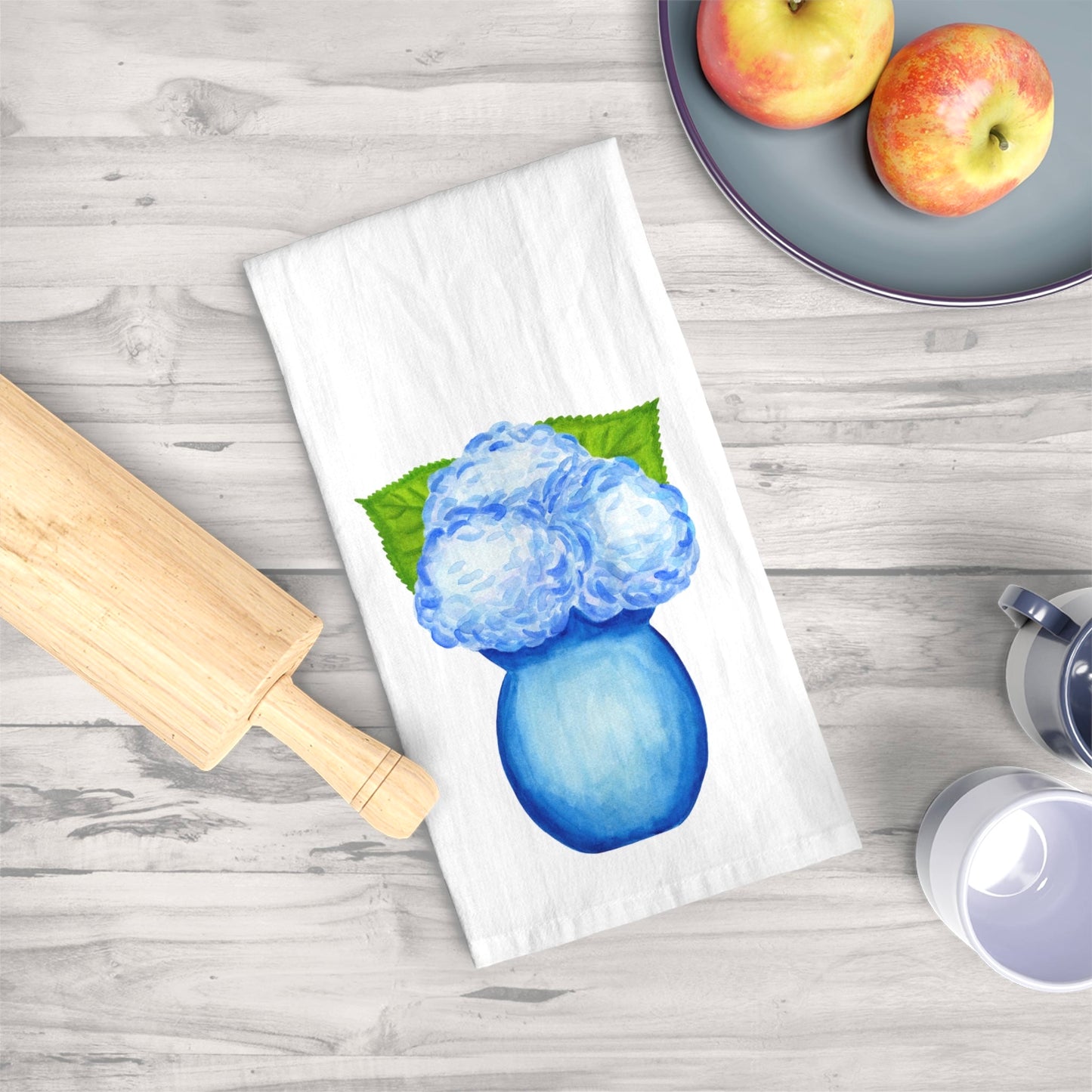 Tea Towel | Blue Watercolor Hydrangeas in Blue Vase Printed Illustration | Preppy Coastal Grand Millennial Kitchen Decor
