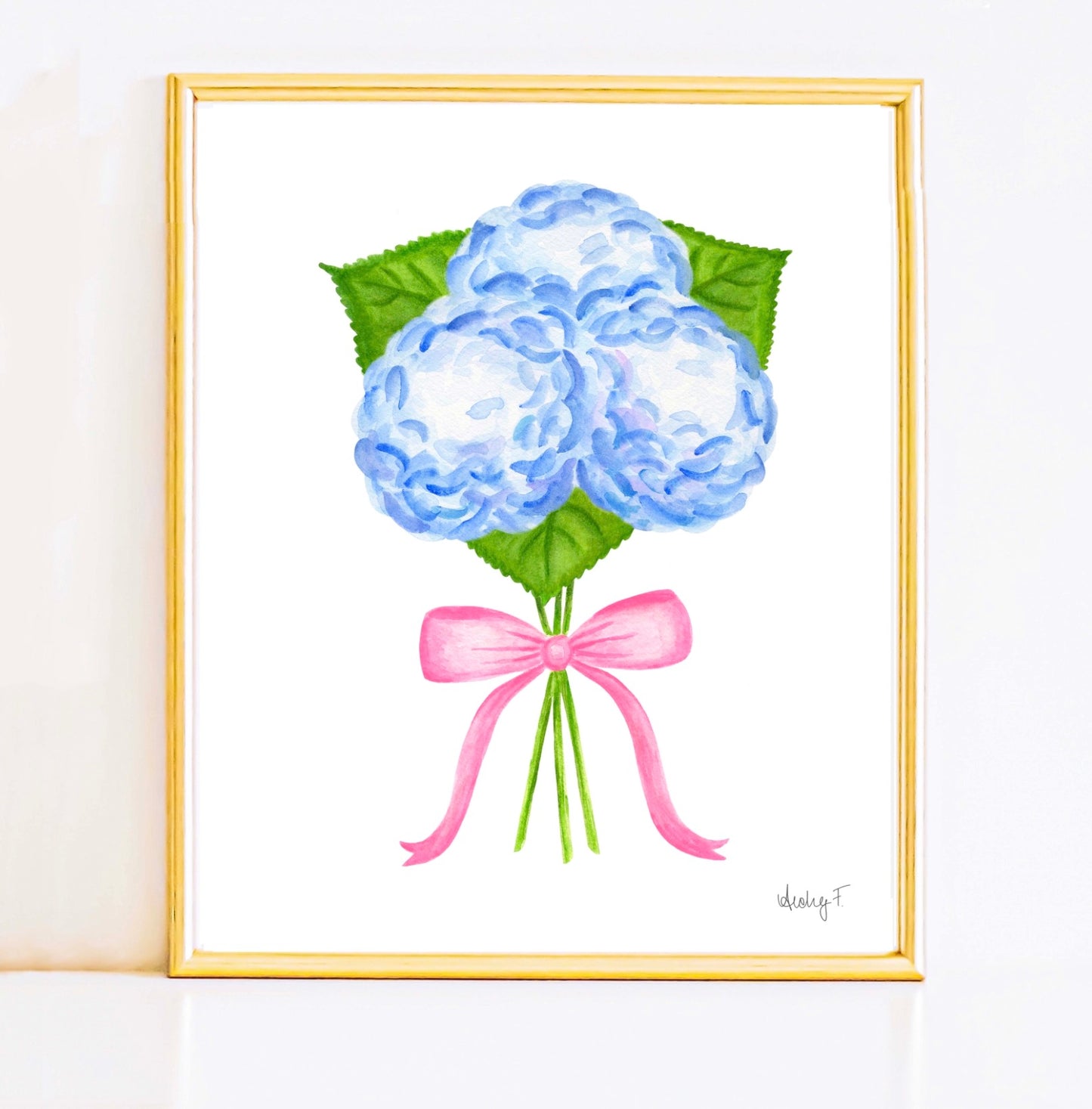 Bunch of Blue Hydrangeas with Light Pink Bow Watercolor Print | Various Sizes