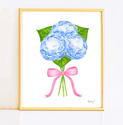 Bunch of Blue Hydrangeas with Light Pink Bow Watercolor Print | Various Sizes