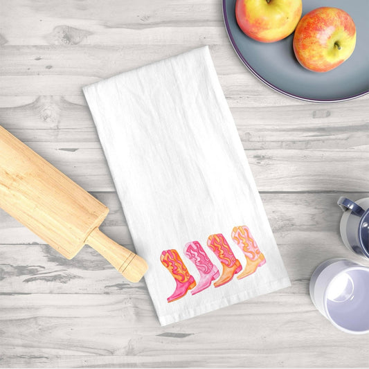 Tea Towel | Row of Hot Pink and Orange Cowboy Boots Watercolor Illustration | Whimsical Colorful Boho Cute Kitchen Decor | Cowgirl Gifts