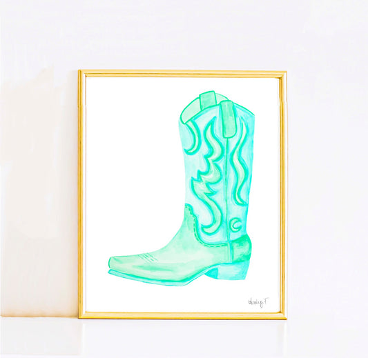 Print | Mint Turquoise Light Green Cowboy Boot Watercolor Painting | Coastal Cowgirl Rustic Debut TS12
