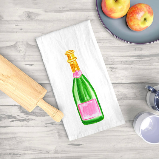 Tea Towel | Pink & Green Champagne Bottle Watercolor Illustration | Bridal Shower Gift| Kitchen Décor  Wedding Gift | Home Bar Accessory