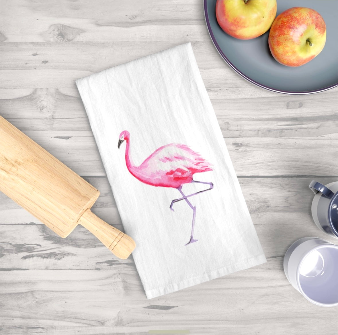 Pink Flamingo Watercolor Illustrated Tea Towel