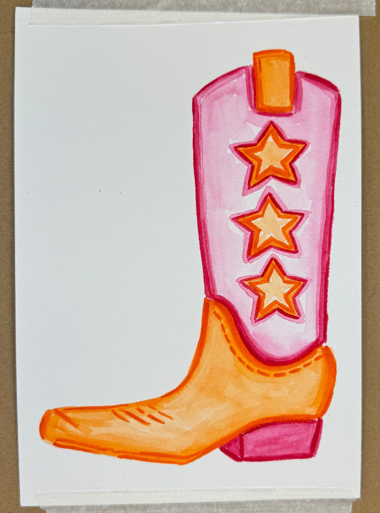 5” x 7” Original Hot Pink and Orange Star Cowboy Boot