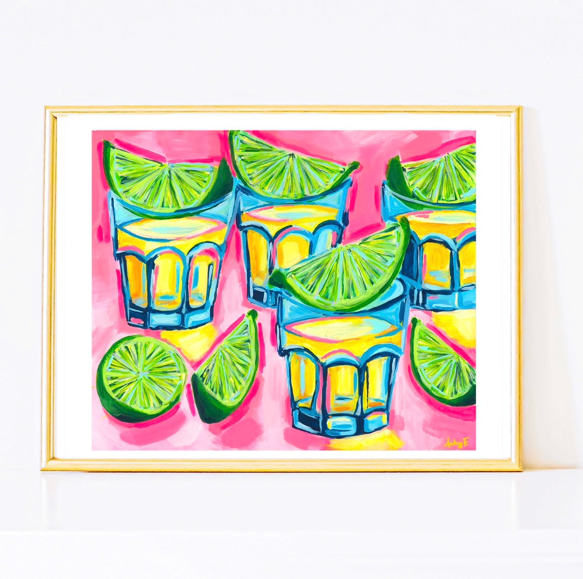 “One More Round” | Pink Tequila Shots & Limes Abstract Acrylic Cocktail Art Print