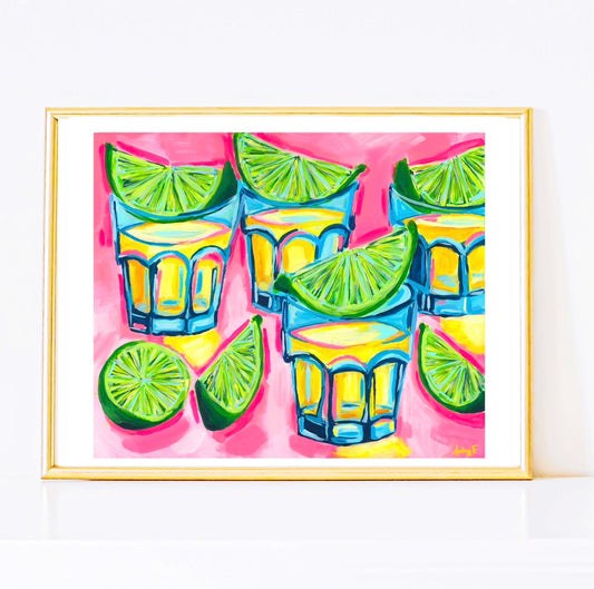 “One More Round” | Pink Tequila Shots & Limes Abstract Acrylic Cocktail Art Print