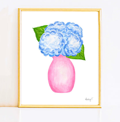 Bunch of Blue Hydrangeas in a Pink Vase Watercolor Print | Various Sizes