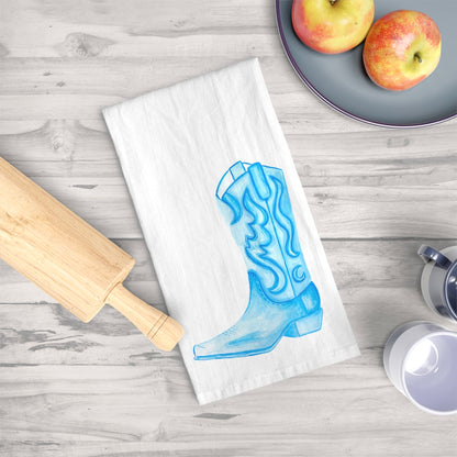 Tea Towel | Light Blue Cowboy Boot Watercolor Illustration | Boho Western Rustic Kitchen Decor | Coastal Cowgirl Kitchen