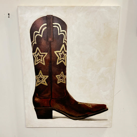 18”x24” Acrylic Brown Cowboy Boot with Gold Stars on Stretched Canvas brown