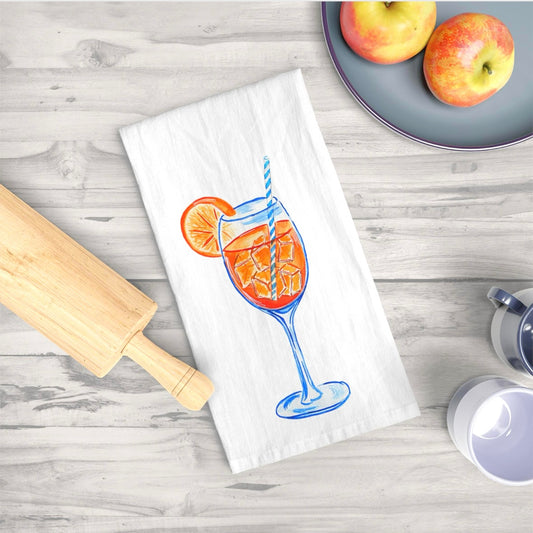 Tea Towel | Aperol Spritz Watercolor Illustration Cocktail Bar Towel | Kitchen Decor | Blue Orange Drink Art | House Warming Hostess Gift