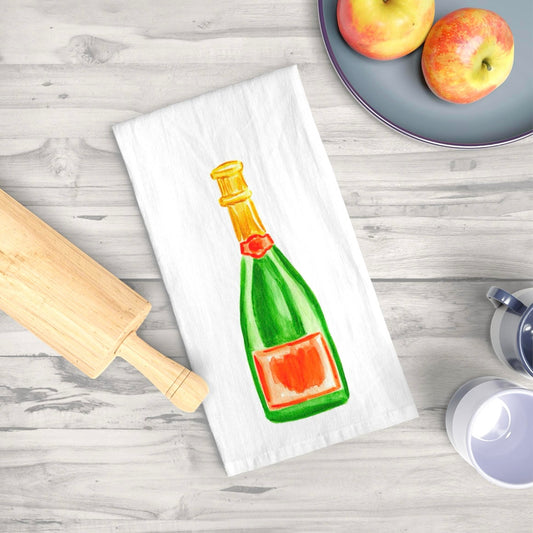 Tea Towel | Green & Orange Champagne Watercolor Illustration |  Fun Colorful Kitchen Decor Housewarming Hostess Gift | Bar Cart Accessories