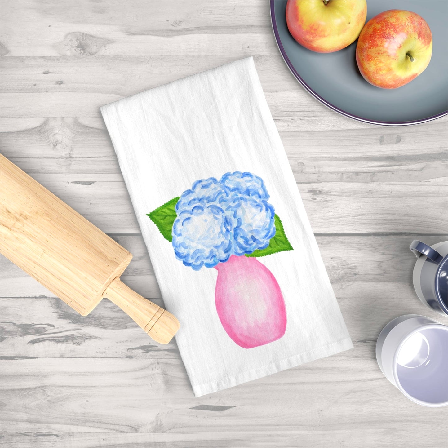 Tea Towel | Watercolor Blue Hydrangeas in Light Pink Vase Illustration | Preppy Coastal Kitchen Decor Gifts