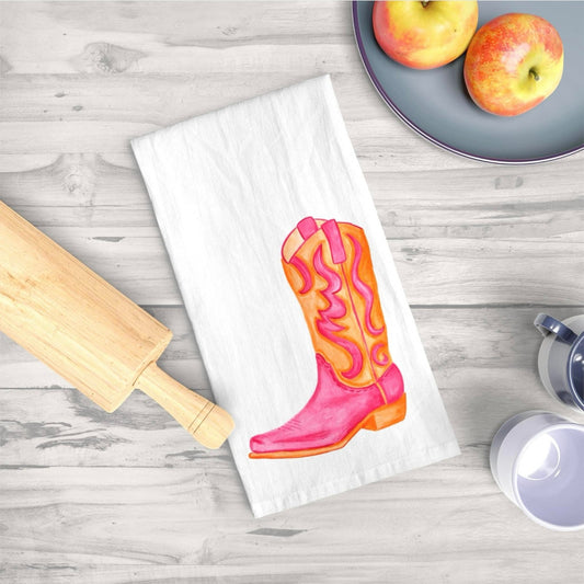 Tea Towel | Hot Pink & Orange Cowboy Boot Watercolor Illustration | Boho Western Rustic Kitchen Decor | Coastal Cowgirl Kitchen
