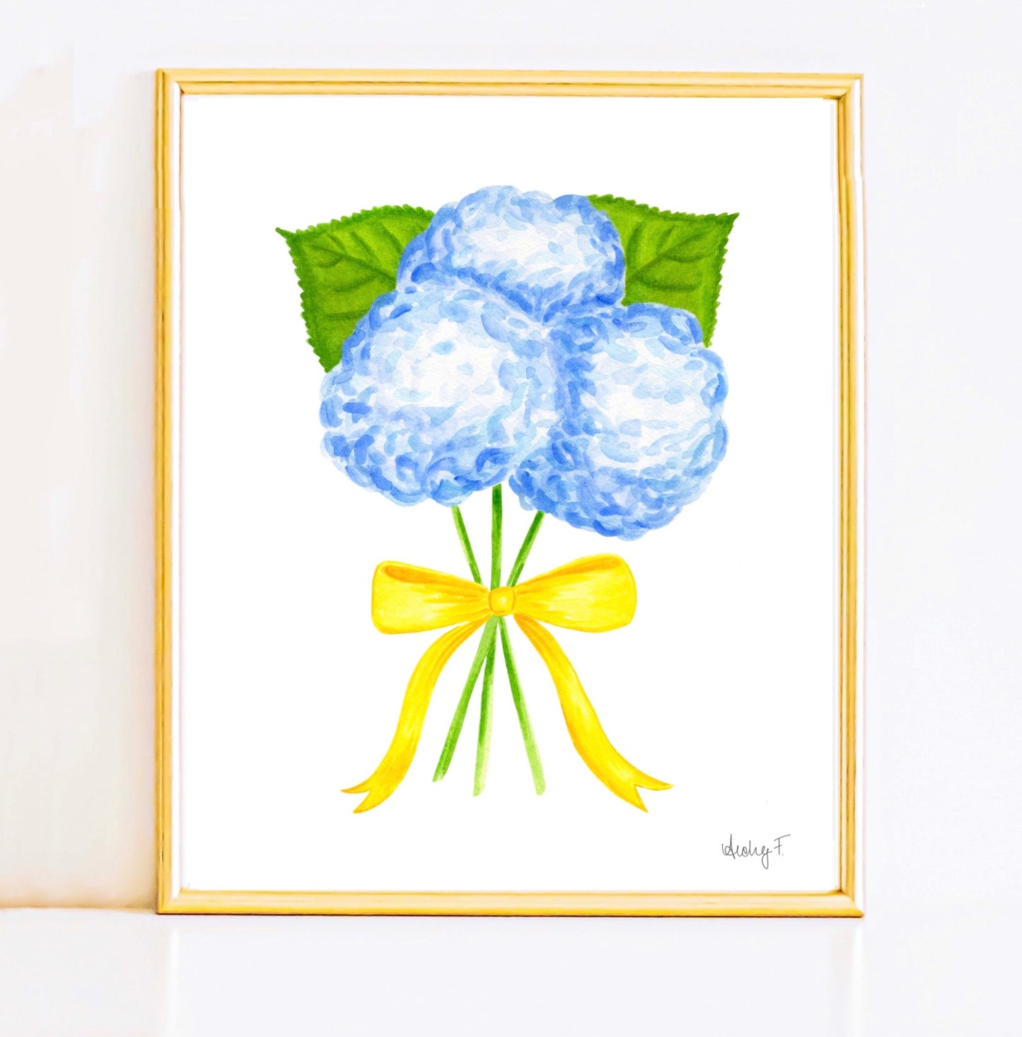 Bunch of Blue Hydrangeas Yellow Bow Watercolor Print | Various Sizes