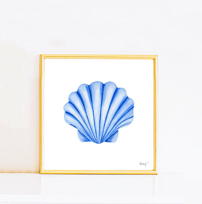 Print | Blue Clam Scallop Seashell Watercolor | Preppy Ocean Coastal New England Beach House  Wall Decor Grand Millenial