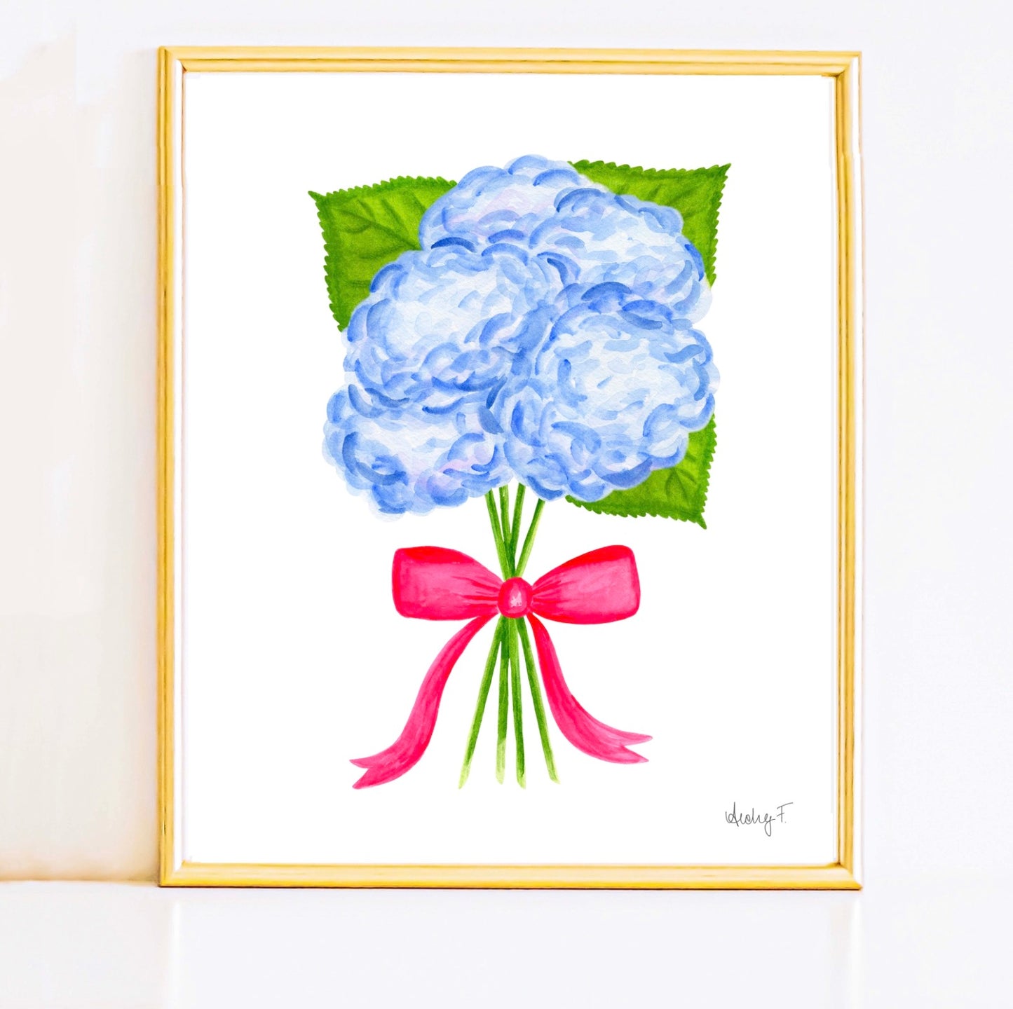 Bunch of Blue Hydrangeas with Hot Pink Bow Watercolor Print | Various Sizes
