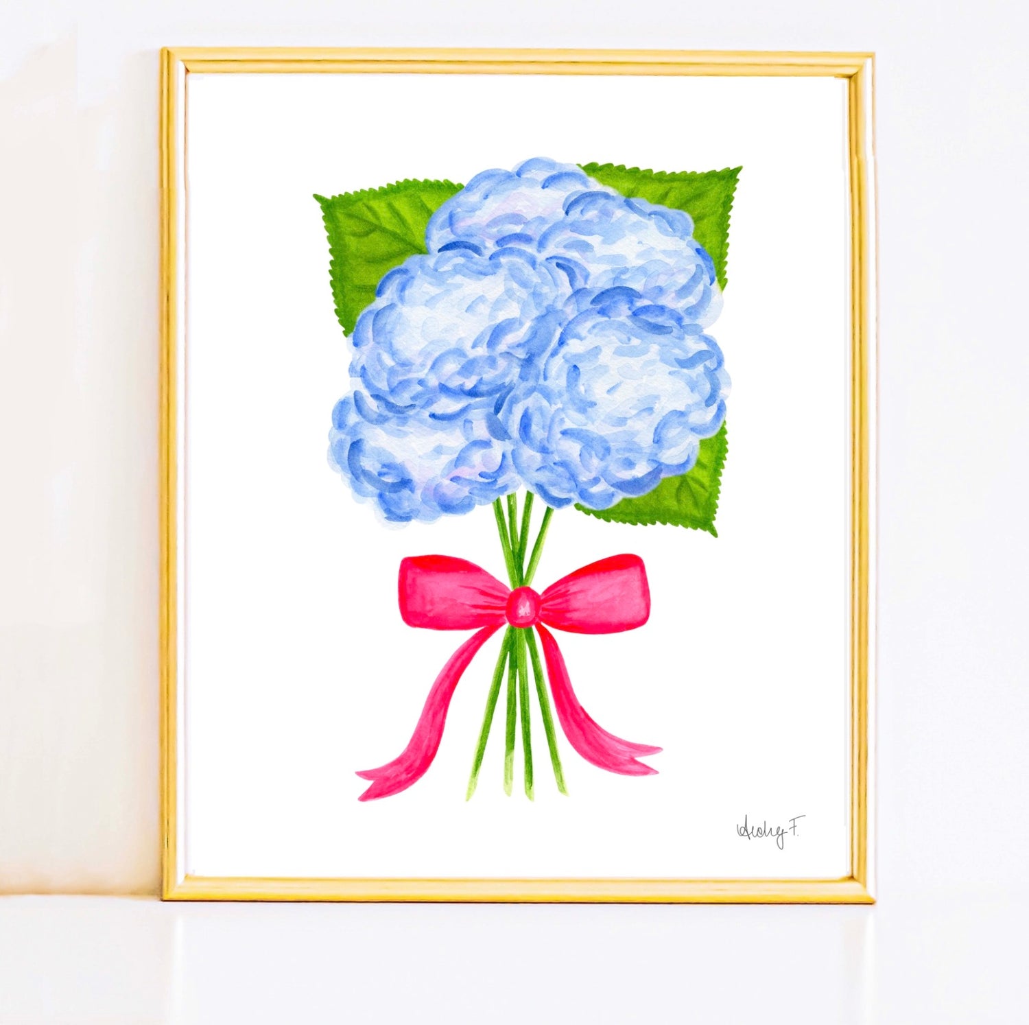Bunch of Blue Hydrangeas with Hot Pink Bow Watercolor Print | Various Sizes