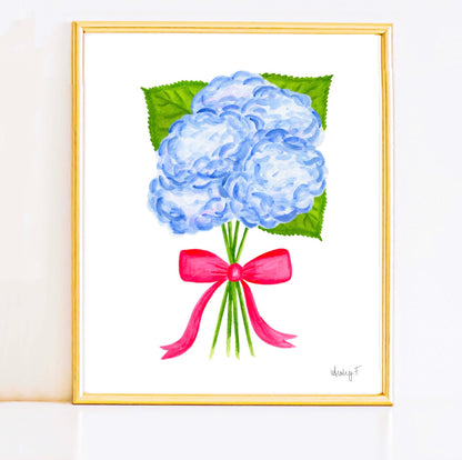Bunch of Blue Hydrangeas with Hot Pink Bow Watercolor Print | Various Sizes