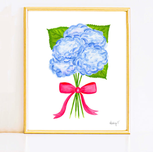 Bunch of Blue Hydrangeas with Hot Pink Bow Watercolor Print | Various Sizes