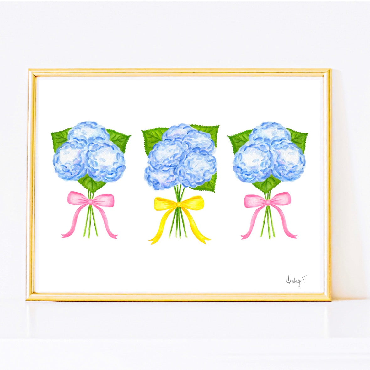 Trio of Blue Hydrangea Bouquets with Light Pink & Yellow Bows Bow Watercolor Print | Various Sizes