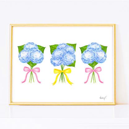 Trio of Blue Hydrangea Bouquets with Light Pink & Yellow Bows Bow Watercolor Print | Various Sizes