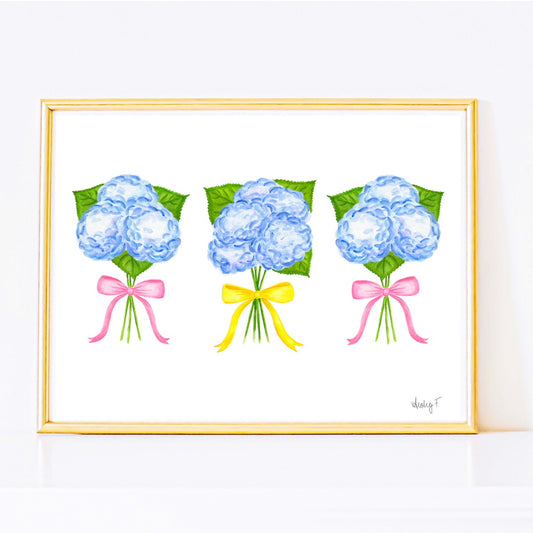 Trio of Blue Hydrangea Bouquets with Light Pink & Yellow Bows Bow Watercolor Print | Various Sizes