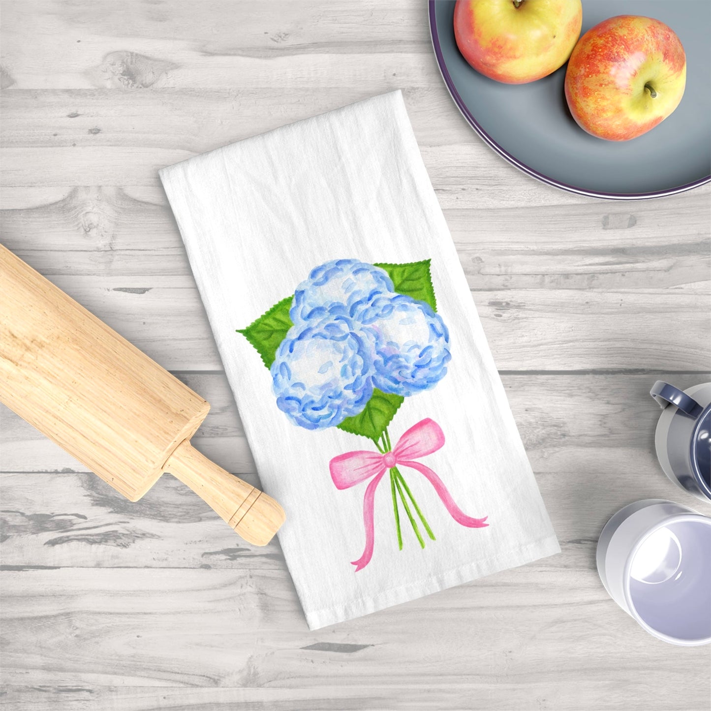 Tea Towel | Watercolor Blue Hydrangeas with Light Pink Bow Printed Illustration | Preppy Coastal Kitchen Decor Gifts